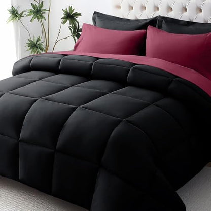 JOLLYVOGUE King Comforter Set, Ultra-Soft Bed in a Bag King Size 7 Pieces, Oeko-TEX Certified Bedding Set with Down Alternative Comforter, Sheets, Pillowcases & Shams, Black & Deep Burgundy