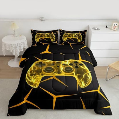 Castle Fairy Video Game Controller Yellow 3 Pcs Comforter/Duvet Set,Geometric Gaming Honeycomb Ultra Soft Bed Collection,Gamepad Bedding for Room Decor 3 Pcs,Microfiber Breathable,King