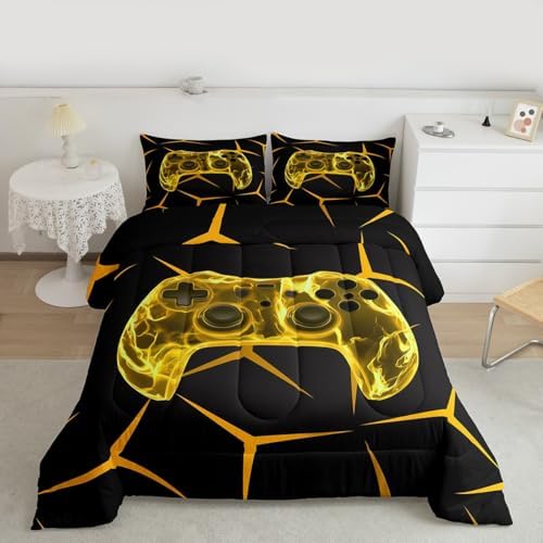 Castle Fairy Gamepad Comforter Set for Kids,Geometric Gaming Honeycomb Bedding Set Teens Boys Room Decor,Video Game Controller Yellow Comforter with 1 Pillowcase for All Seasons,Twin