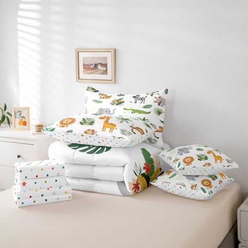 Erosebridal Wild Animals 7 Pcs Bedding Set Safari Animals King Comforter Set for Boys Girls Cute Crocodile Lion Bed in A Bag with Flat and Fitted Sheet Cartoon Elephant Giraffe Tropical Bed Set