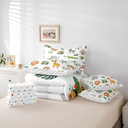 Erosebridal Wild Animals 7 Pcs Bedding Set Safari Animals King Comforter Set for Boys Girls Cute Crocodile Lion Bed in A Bag with Flat and Fitted Sheet Cartoon Elephant Giraffe Tropical Bed Set