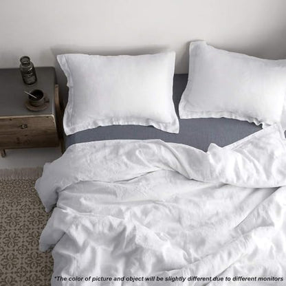 Simple&Opulence 100% Linen Duvet Cover Set with Embroidery Border Washed - 3 Pieces (1 Duvet Cover with 2 Pillow Shams) with Button Closure Soft Breathable Farmhouse - White, Full Size