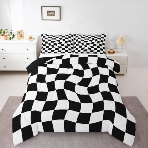 Checkered Comforter Set Toddler Size Abstract Geometric Bedding Set for Kids Boys Girls Modern Geometric White Black Duvet Quilt Cute Neutral Aesthetic Plaid Bedroom Decor 2 Pcs with 1 Pillow Cases
