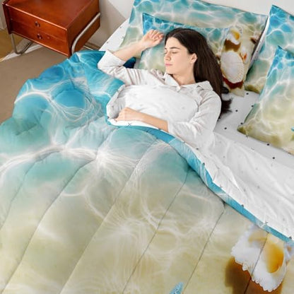 Erosebridal Ocean 7 Piece Bedding Set Queen Beach Comforter Set with Sheets Coastal Nature Bed in A Bag Hawaiian Sea Wave Animals Shell Starfish Bed Sets with 2 Pillowcases, 2 Throw Pillow Covers