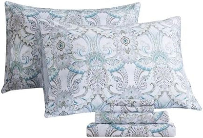 FADFAY Blue Paisley Sheets Set Twin XL Boho Paisley College Bedding Luxurious Bohemian Damask Paisley Dorm Bedding 100% Egyptian Cotton 800 Thread Count Deep Pocket Fitted Sheet 4Pcs, Twin XL Size