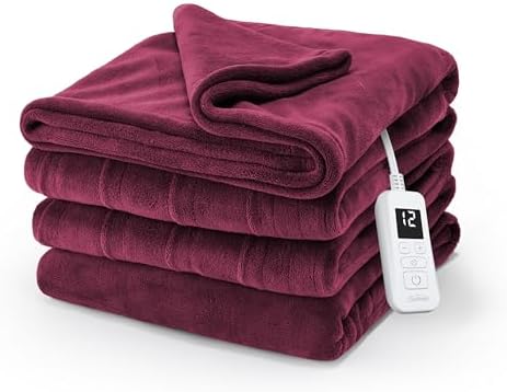 Sunbeam Royal Luxe Microplush Heated Blanket Throw Burgundy Twin 84x62