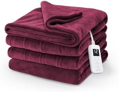 Sunbeam Royal Luxe Microplush Heated Blanket Throw Burgundy Twin 84x62