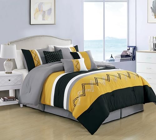 Chezmoi Collection Arden 7-Piece Modern Pleated Stripe Embroidered Zigzag Bedding Comforter Set (Queen, Turmeric/Black/Silver Gray/White)