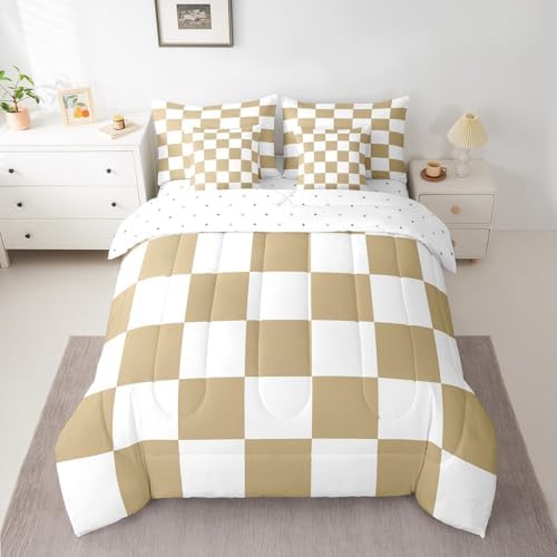 jejeloiu Light Brown Bedding Set 7Pcs Full Size Kids Checkered Grid Comforter Set with Sheets for Boys Girls Classic Plaid Buffalo Check Bed in a Bag Soft Lightweight,Microfiber