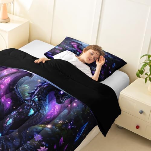 Feelyou Dragon Bedding Set Soft for Boys Girls, Wild Life Comforter Set Queen Size Jungle Dragon Duvet Quilt Microfiber Fantasy Animal Bedroom Decor Magical Beast 3 Pcs with 2 Pillow Cases