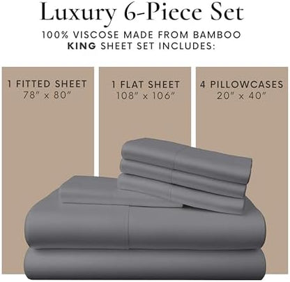 Bamboo Bay 6 Piece King Size Sheet Set, 100% Viscose Made from Bamboo, Breathable, Ultra Soft Cooling Bed Sheets for Hot Sleepers, Beddings with Deep Pockets Fit 16" Mattress, Dark Grey