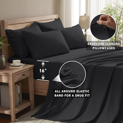 Queen Sheet Set - 6 Piece Sheets Queen Size Bed Set - Breathable & Cooling Hotel Luxury Bedding Set - Soft & Comfy Fully Elasticized 16" Deep Pocket Queen Sheets (Queen Balck)