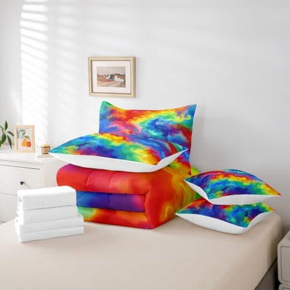 Erosebridal Tie Dye 7 Piece Bedding Set Twin Rainbow Comforter Set with Sheets Pastels Bed in A Bag Kids Girls Women Colorful Bed Sets with 2 Pillowcases, 2 Throw Pillow Covers