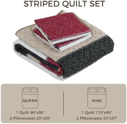 Cottolester King Quilt Bedding Set,Black Red Striped Bedsperad Coverlet Set