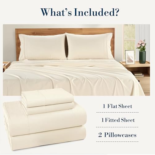 Casa Platino Twin XL Bed Sheets – Breathable 4 Piece Percale Cooling Twin XL Sheets with Crisp Feel, with 15 Inch Deep Pocket Fitted Sheet, Ultra Soft & Cozy Feel, Fit – Ivory