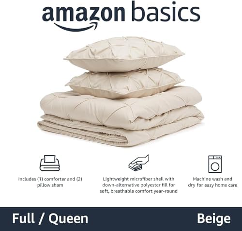Amazon Basics Soft, Breathable Queen Size Comforter Set, All-Season Down-Alternative 3-Piece Bedding Set, Pinch Pleat Design with Piped Edges, Full/Queen, Beige