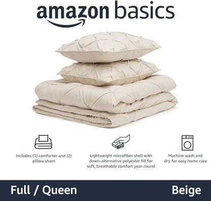 Amazon Basics Soft, Breathable Queen Size Comforter Set, All-Season Down-Alternative 3-Piece Bedding Set, Pinch Pleat Design with Piped Edges, Full/Queen, Beige