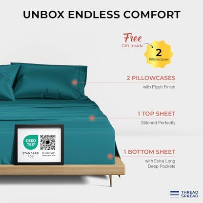 THREAD SPREAD 100% Egyptian Cotton Queen Sheets Set - 1200 Series Plush Collection Luxury Egyptian Cotton Sheets Queen Size Deep Pocket (4 PC, Teal), Soft, Cooling, Sateen Weave Sheet Set