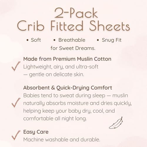 Muslin Cotton Crib Sheets for Girls, 2 Pack 52"x28" Fitted Baby Crib Sheet for Girl, Soft & Breathable Baby and Toddler Bed Sheets, Mattress Cover Muslin Cribs Sheet Set Nursery Gift Pink Floral