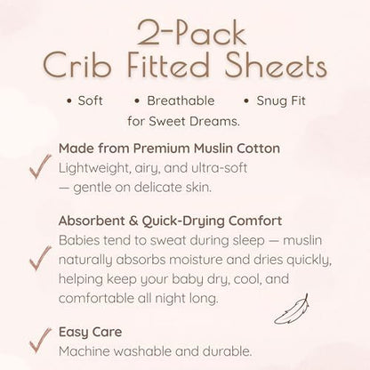 Muslin Cotton Crib Sheets for Girls, 2 Pack 52"x28" Fitted Baby Crib Sheet for Girl, Soft & Breathable Baby and Toddler Bed Sheets, Mattress Cover Muslin Cribs Sheet Set Nursery Gift Pink Floral