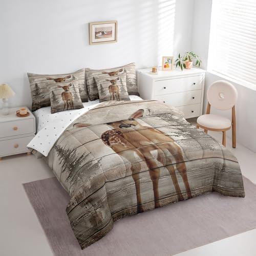 Erosebridal Rustic Elk Deer 7 Piece Bedding Set Queen Jungle Wildlife Sika Deer Comforter Set Vintage Wooden Board Bed in a Bag Watercolor Forest Sheet Set with Comforter Pine Tree Home Decor