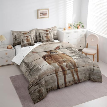 Erosebridal Rustic Elk Deer 7 Piece Bedding Set Queen Jungle Wildlife Sika Deer Comforter Set Vintage Wooden Board Bed in a Bag Watercolor Forest Sheet Set with Comforter Pine Tree Home Decor
