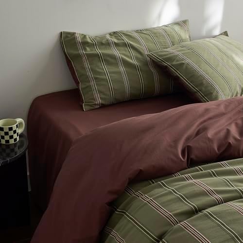 mixinni Vintage Olive Green Striped Duvet Cover Set King, 100% Cotton Yarn-Dyed Jacquard Bedding 3 Pieces, Reversible Design Retro Terracotta Comforter Cover with Zipper & Corner Ties