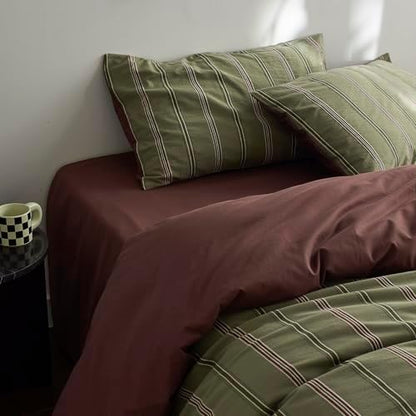 mixinni Vintage Striped Duvet Cover Set Queen – 100% Cotton Reversible Jacquard Bedding Set, Retro Olive Green & Terracotta Comforter Cover, Soft Breathable 3-Piece(1 Duvet Cover+2 Pillowcases)