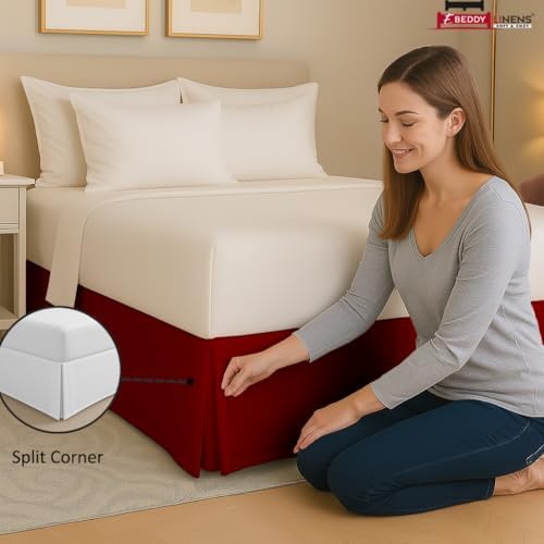 eBeddy Linens Split Corner Bed Skirt King 14 Inch Drop – 100% Microfiber, – Platform Style, Burgundy Solid, 3-Sided Pleated, Tailored Fit, Hidden Storage, Hotel Luxury, Washable