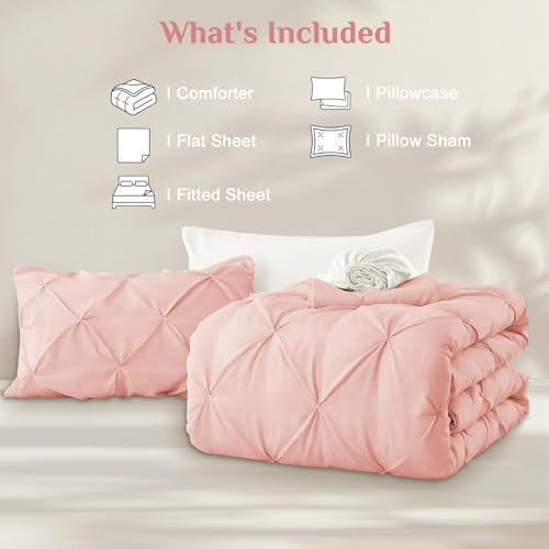 JOLLYVOGUE Twin Comforter Set 5 Pieces - Bed in a Bag Twin for All Season, Pintuck Bedding Comforter Sets with Comforter, Flat Sheet, Fitted Sheet and Pillowcases & Shams, Pink & Ivory