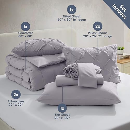Nestl 9 Piece Queen Comforter Set – Grey Lavender Pinch Pleated Bed in a Bag – Complete Queen Size Bedding Set with Sheets, Set of 2 Cooling Pillows, Pillowcases and Shams