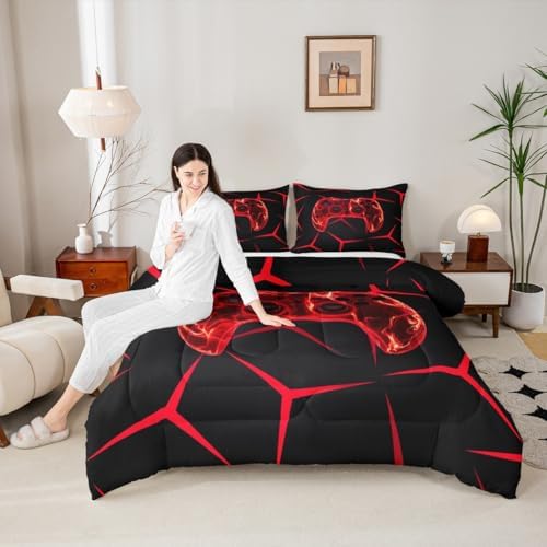 Castle Fairy Kids Game Kids Comforter Set,Game Controller Gamepad Bedding Set All Season,Gaming Honeycomb Red Comforter 2 Pcs with 1 Pillowcase,Toddler Size