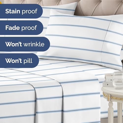Queen 4 Piece Striped Sheet Set - Soft, Breathable & Cooling - Blue Stripe