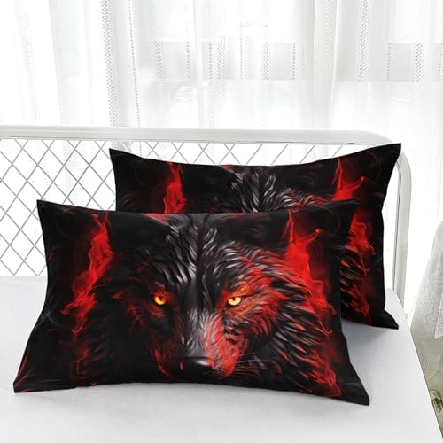 Nttopship Wolf Printed Bedding Set, Wolf Comforter Set King Size,Boys Bedding Set 100% Soft Ultra-fine Fiber Four Season Red Flame with 1 Comforter and 2 Pillow Case