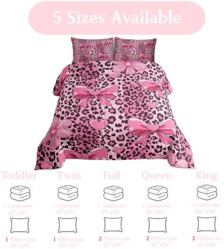 jejeloiu Pink Bow Leopard Kids Comforter Set King Size Bowknot Bedding Set Cheetah Duvet Quilt for Kids Boys Girls Bedroom Cute Decor Microfiber Ultra Soft Breathable