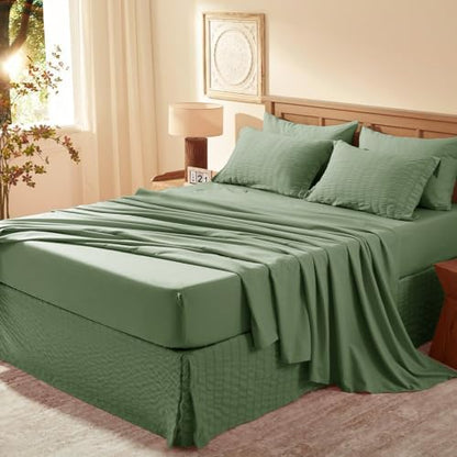 Laojin Balhen Queen Comforter Set 7 Pieces, Olive Green Seersucker Bed in a Bag Set Queen Size, All Season Luxury Bedding Sets with Comforter, Sheets, Pillowcase & Sham