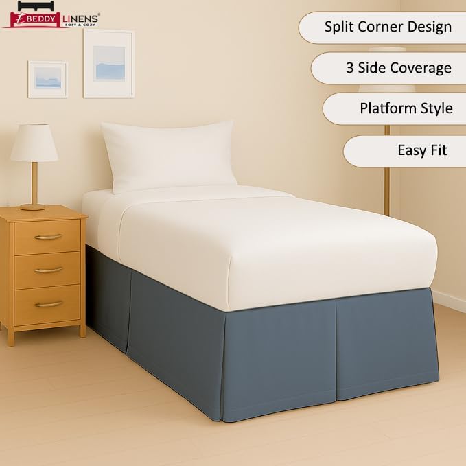 eBeddy Linens Split Corner Dorm Bed Skirt Twin XL – 34 Inch Drop, 100% Microfiber, Extra Long Bed Skirt for College Dorm, Platform Style, Lake Blue Solid, Hidden Storage Solution, Easy Fit
