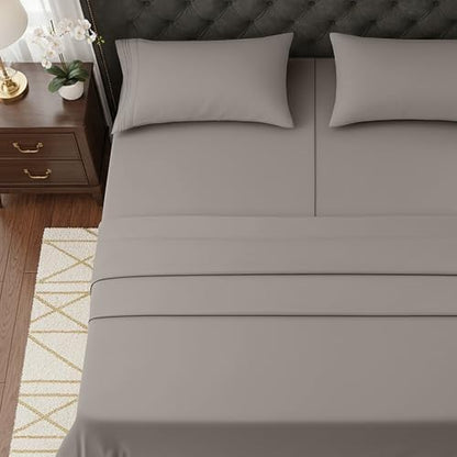 Elegant Comfort Luxurious 1500 Premium Hotel Quality Microfiber Three Line Embroidered Softest 5-Piece Bed Sheet Set, Wrinkle and Fade Resistant, Split King, Gray