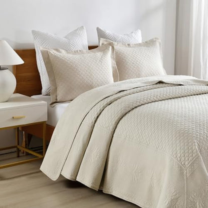 MarCielo 3-Piece 100% Cotton Oversized Bedspread Lightweight Quilt Coverlet Embroidery Farmhouse Bedding Set (TM Khaki Beige, Oversized Queen (100"x106"))