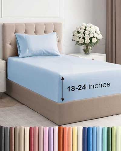 Extra Deep Twin Sheet Set - 3 Piece Breathable & Cooling Sheets - Sky Blue