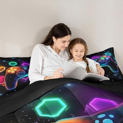 Game Consoles Gamer Bedding Set King Gamer Gifts,Gaming Comforter Sets for Boys Space Glow Geometric Kids Comforter Sets Boys Red Green Blue Teal,Gaming Decor for Bedroom
