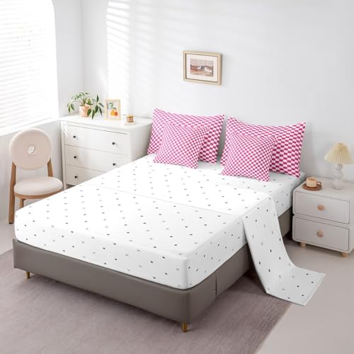 jejeloiu Pink White Bedding Set 7Pcs King Size Kids Plaid Checkered Comforter Set with Sheets for Boys Girls Classic Grid Buffalo Check Bed in a Bag Soft Lightweight,Microfiber