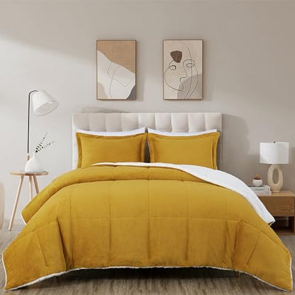 Chezmoi Collection Ultra-Soft Micromink Sherpa Comforter Set with 2 Pillow Shams - King Size Mustard Yellow Reversible Plush Bedding Comforter 3-Piece Set Warm Winter Blanket