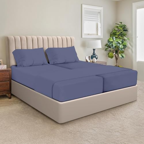 SGI Split King Sheet Set for Adjustable Bed Egyptian Premium Cotton Sheets for Sleep Number Bed 15" Deep Pocket 5Pc Set with 2Twin XL Fitted Sheets Soft Breathable-Mediterranean Blue