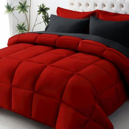 JOLLYVOGUE King Comforter Set, Ultra-Soft Bed in a Bag King Size 7 Pieces, Oeko-TEX Certified Bedding Set with Down Alternative Comforter, Sheets, Pillowcases & Shams, Red & Black