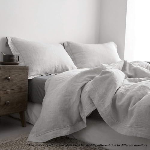 Simple&Opulence 100% French Flax Linen Duvet Cover Set with Embroidery Washed - 3 Pieces (1 Duvet Cover with 2 Pillow Shams) with Button Closure Soft Breathable Farmhouse - Light Grey, King Size