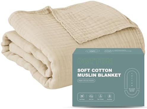 Cosy Family 4 Layer Muslin Bed Blanket - Breathable and Lightweight Gauze Boho Blanket for Spring, Soft 100% Cotton Muslin Blanket, Light Tan, 55x80 Inches