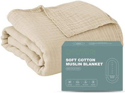 Cosy Family 4 Layer Muslin Bed Blanket - Breathable and Lightweight Gauze Boho Blanket for Spring, Soft 100% Cotton Muslin Blanket, Light Tan, 55x80 Inches