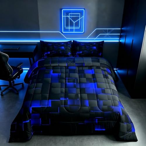 Erosebridal Black Navy Royal Blue Comforter Set King Neon Geometric Checkered Bedding Set for Teen Boys Gamer Room Decor,Abstract Stereoscopic Grids Quilt Square Plaid Check Bed Set 3 Pcs