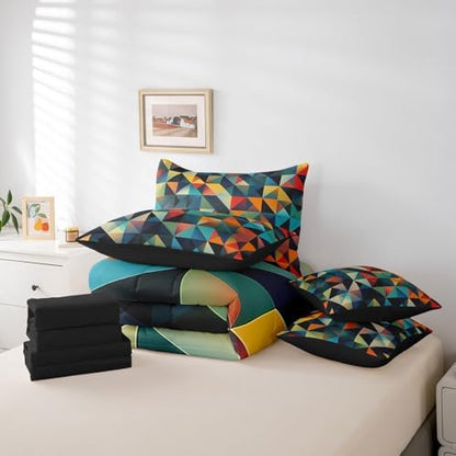 Erosebridal Colorful Triangle Bed in A Bag with Sheets Twin Geometric Grid Plaid 7 Piece Comforter Set Modern Aesthetic Bedding Set for Kids Boys Girls,Abstract Bedding Comforter Sets